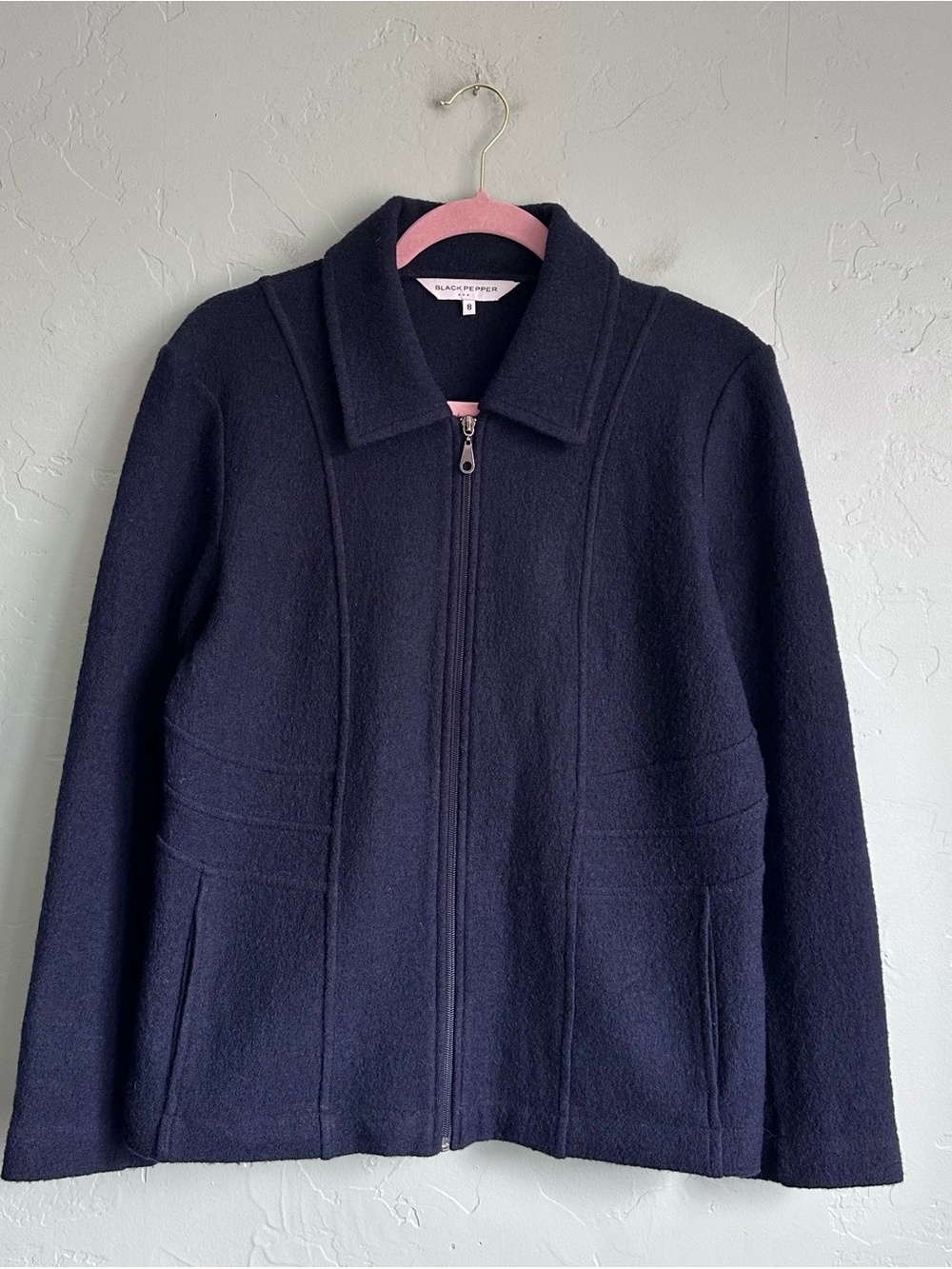 Black Pepper Women's 8 Navy Blue 100% Wool Zip-Up Jacket Coastal Preppy Winter